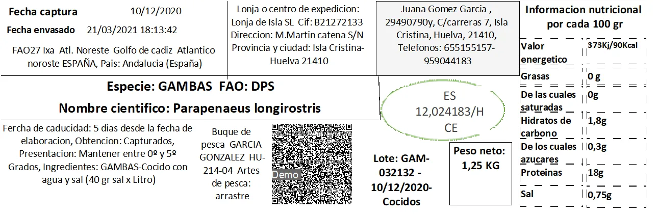 Etiqueta de trazabilidad de una de nuestras cajas de marisco