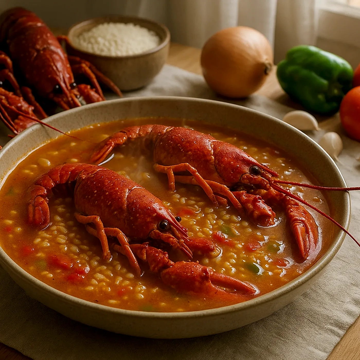 Arroz caldoso de langosta roja de Huelva, al estilo marinero del Golfo de Cádiz