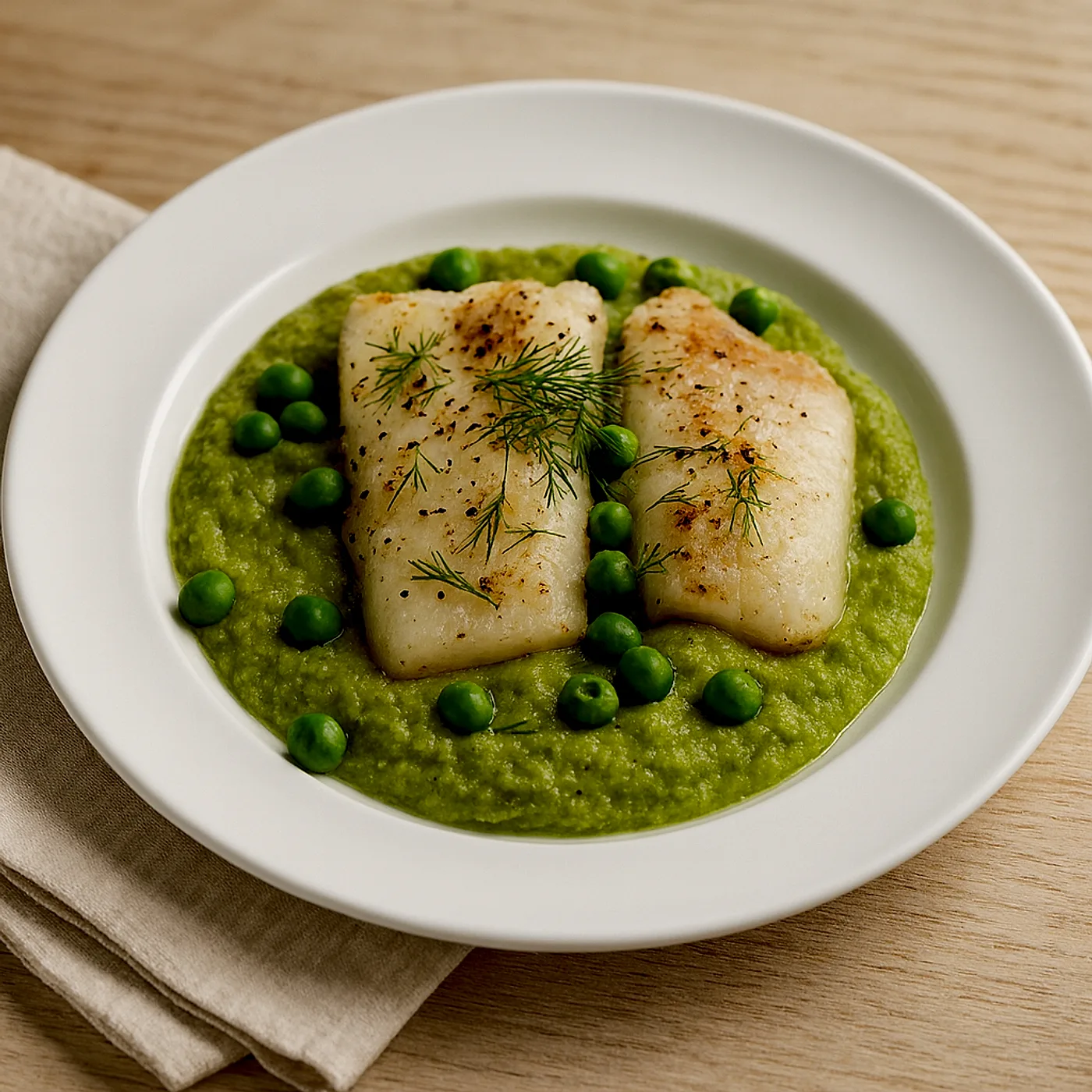 Corvina con chícharos en amarillo, guiso de cazuela del Golfo de Cádiz