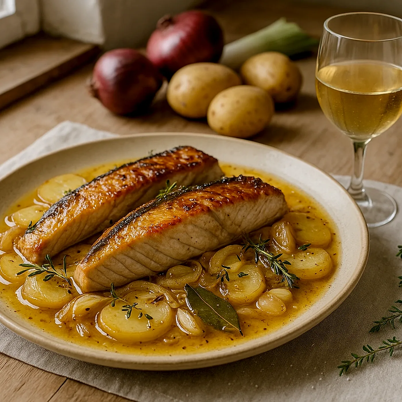 Ventresca de atún de aleta amarilla asada al horno con patatas y vino fino