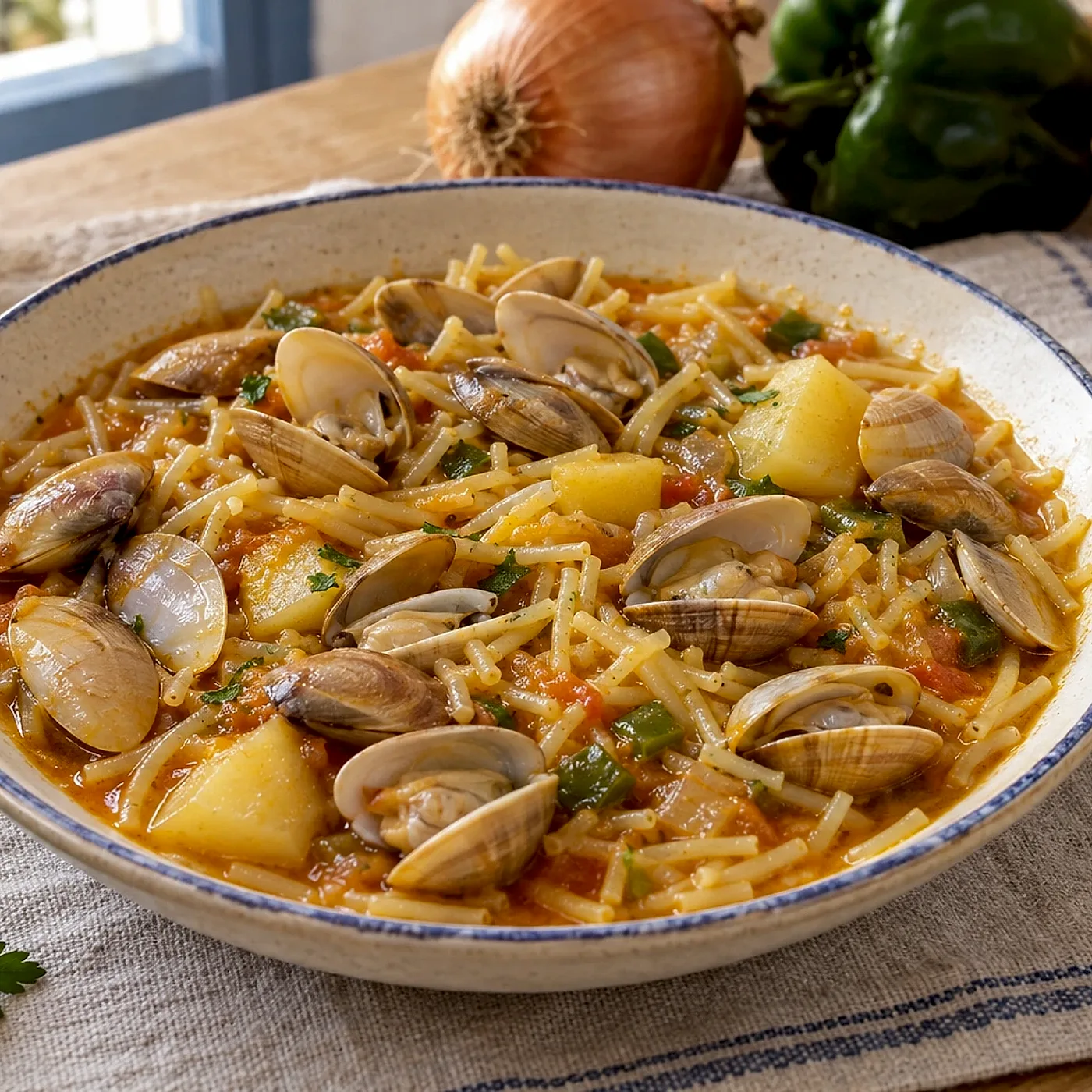 Fideos con coquinas de Huelva, guiso marinero fácil