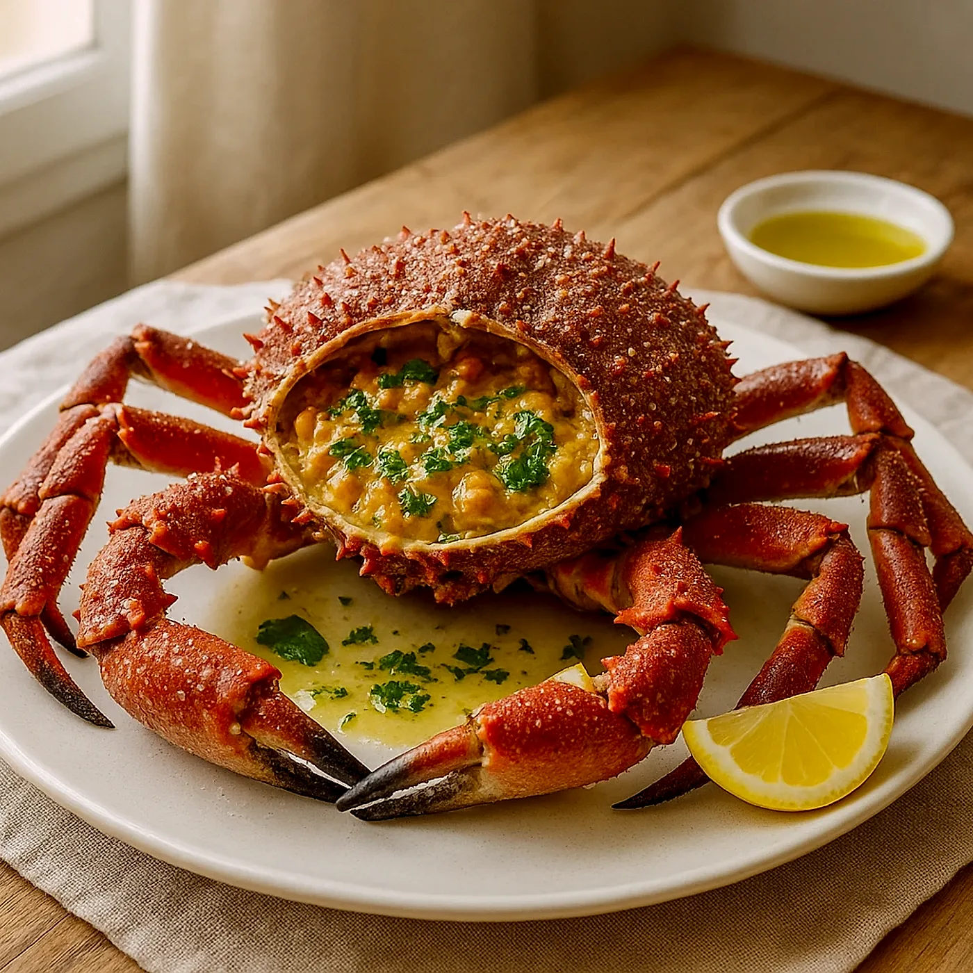 Centolla de Huelva cocida al punto de sal, con su coral aliñado