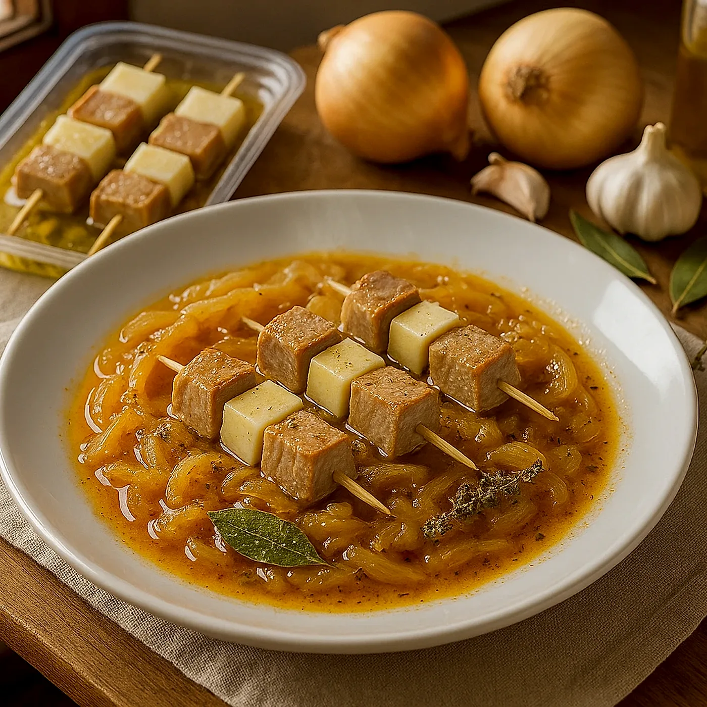Banderillas de atún y queso sobre encebollado marinero de la costa de Huelva