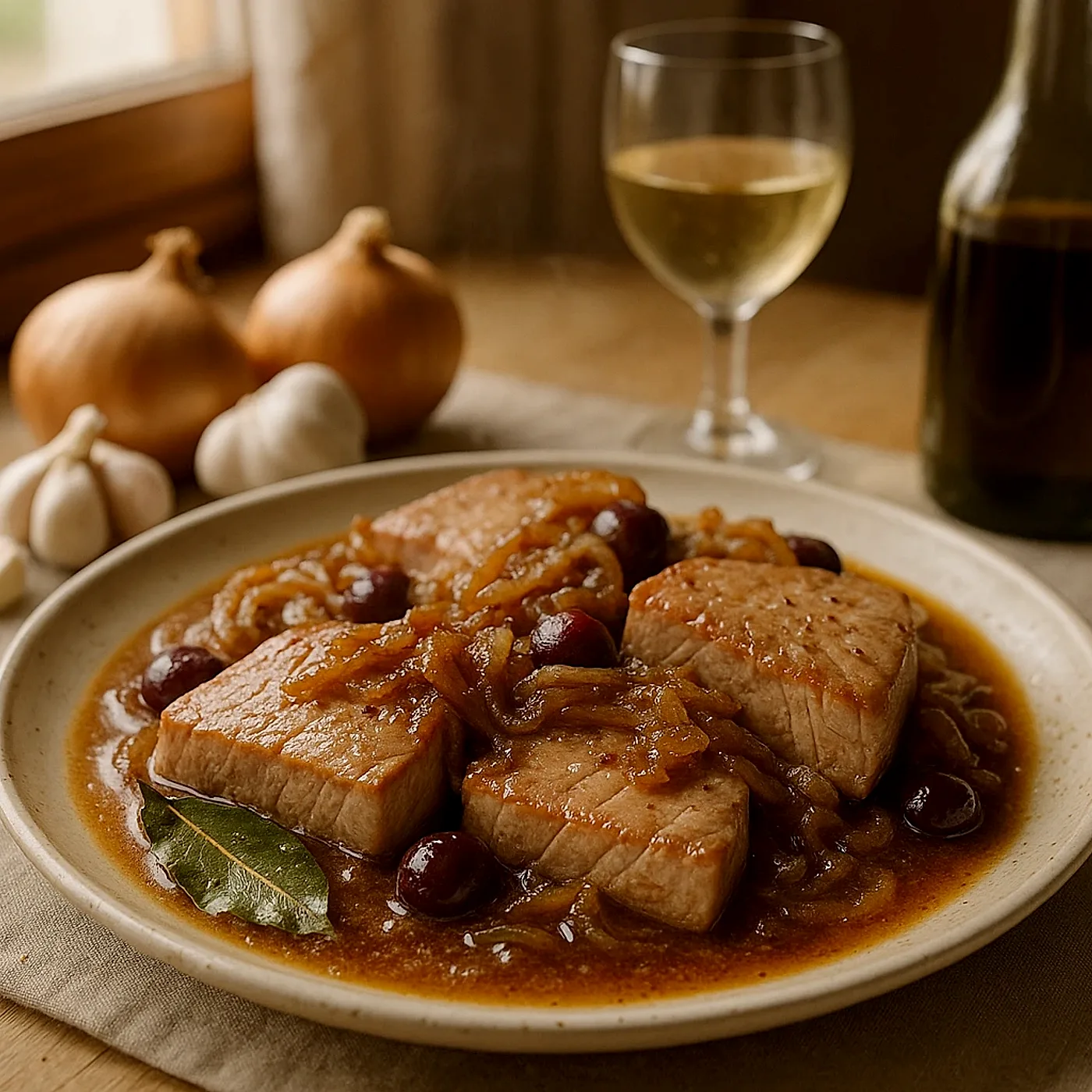 Solomillo de atún a la cereza encebollado, al estilo viejo de la costa de Huelva