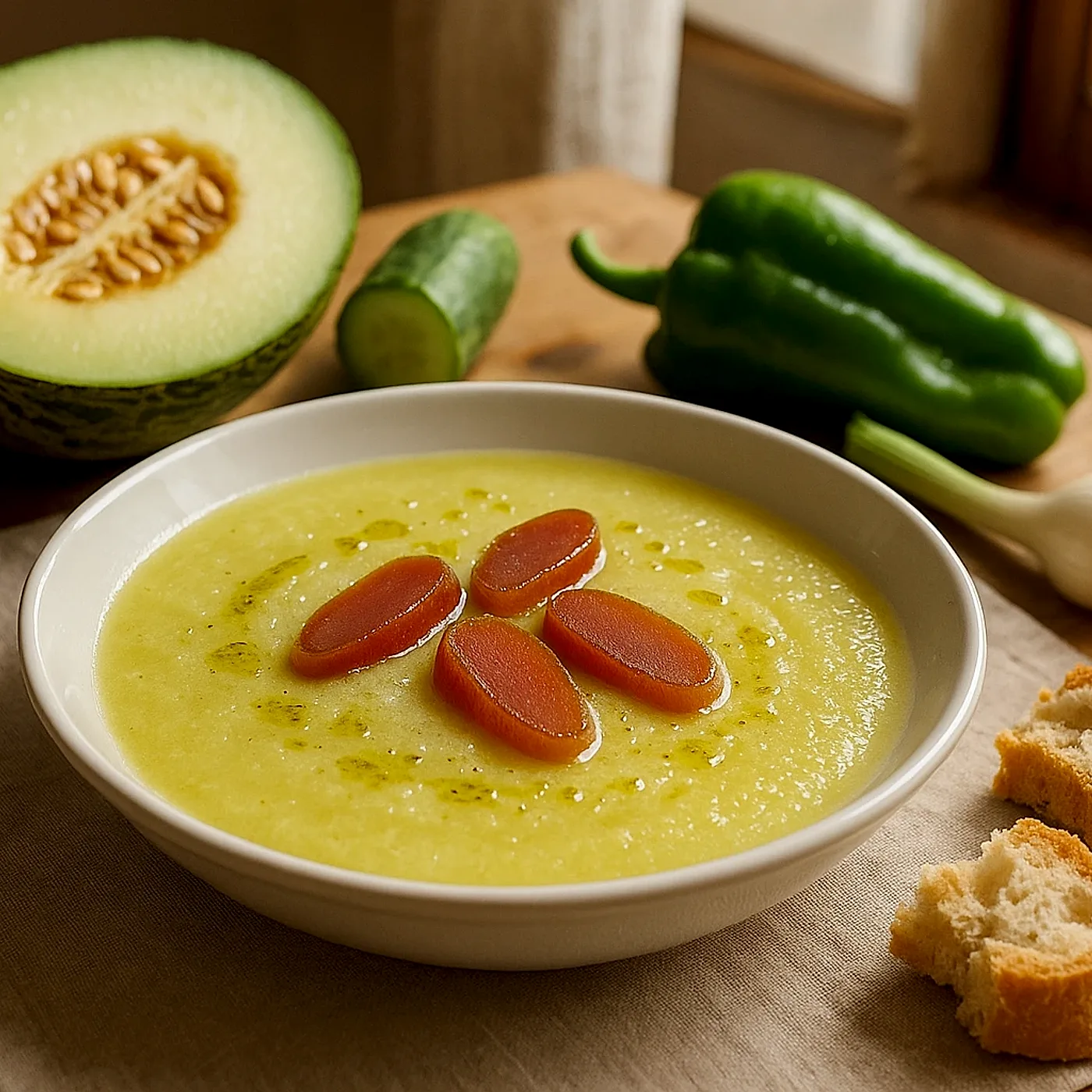 Gazpacho de melón con hueva de maruca, del salazón de Isla Cristina a la mesa