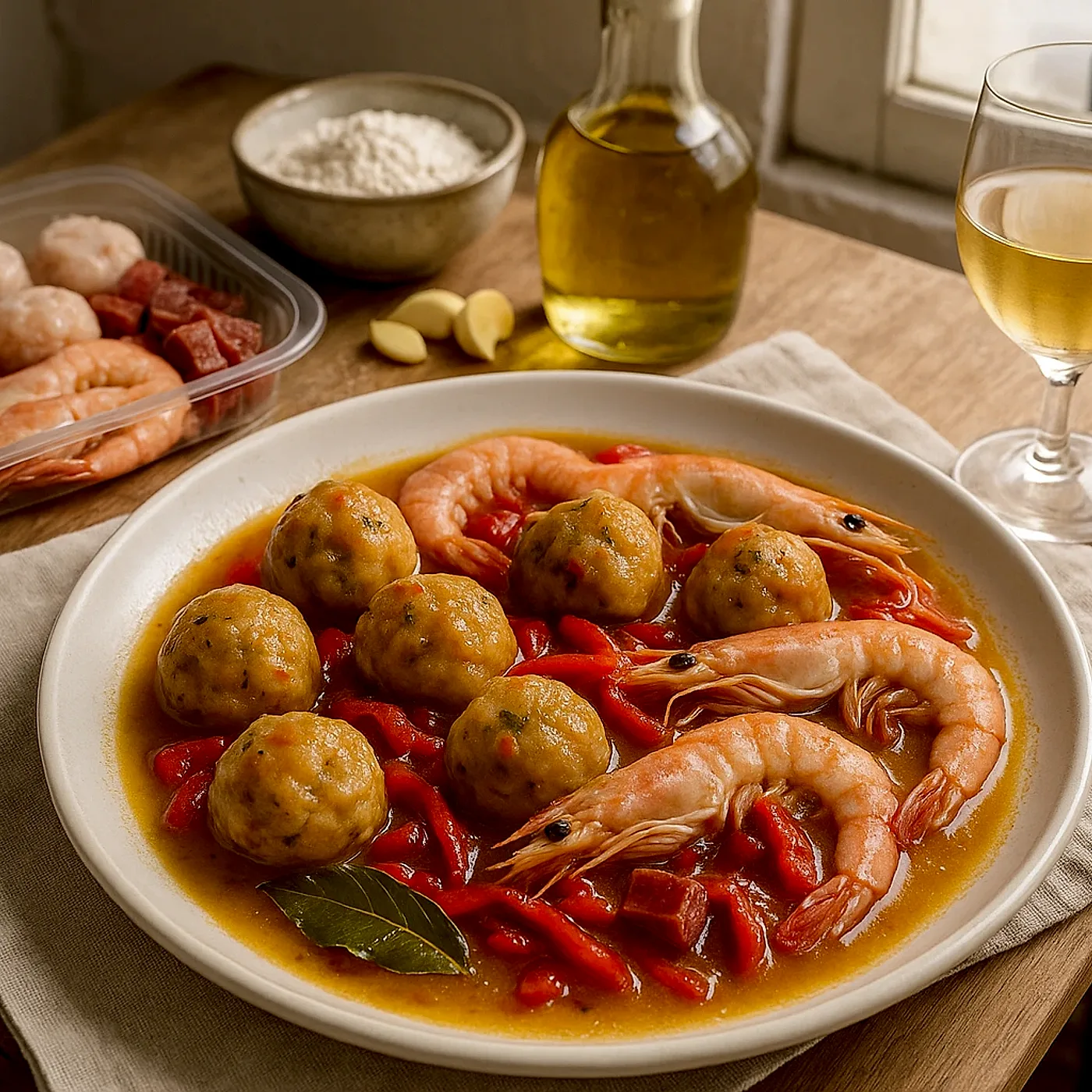 Albóndigas de choco, gambas de Huelva y jamón en salsa de fino y pimiento asado