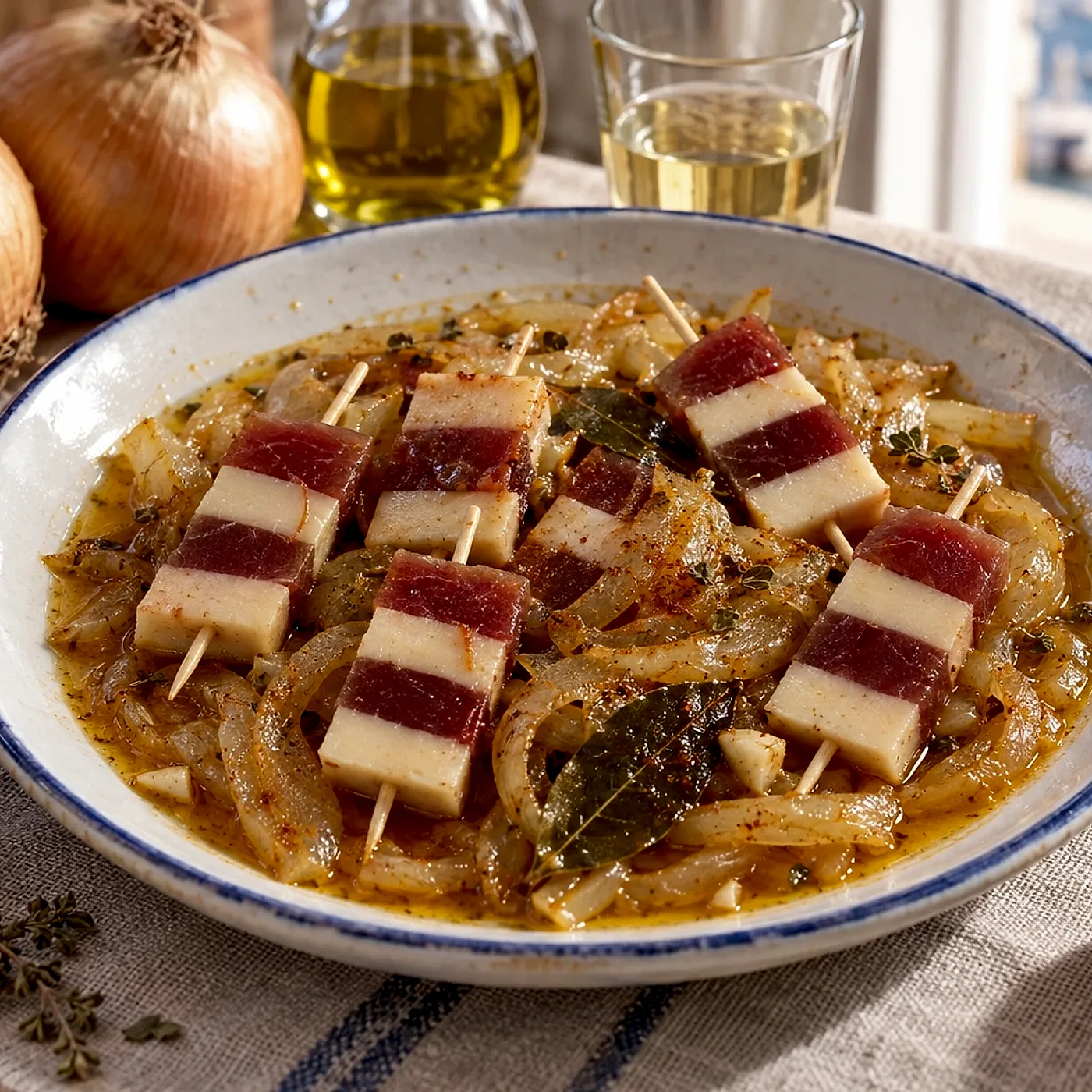 Banderillas de atún con encebollado marinero