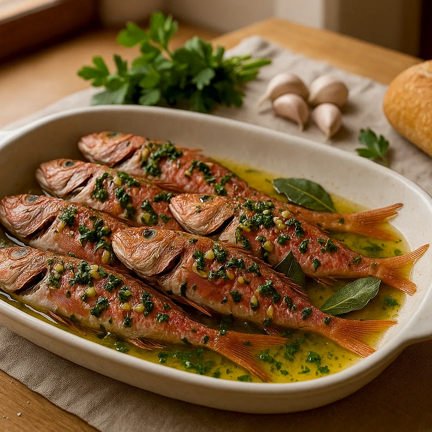 Salmonetes de roca al horno con majado de ajo, perejil y laurel