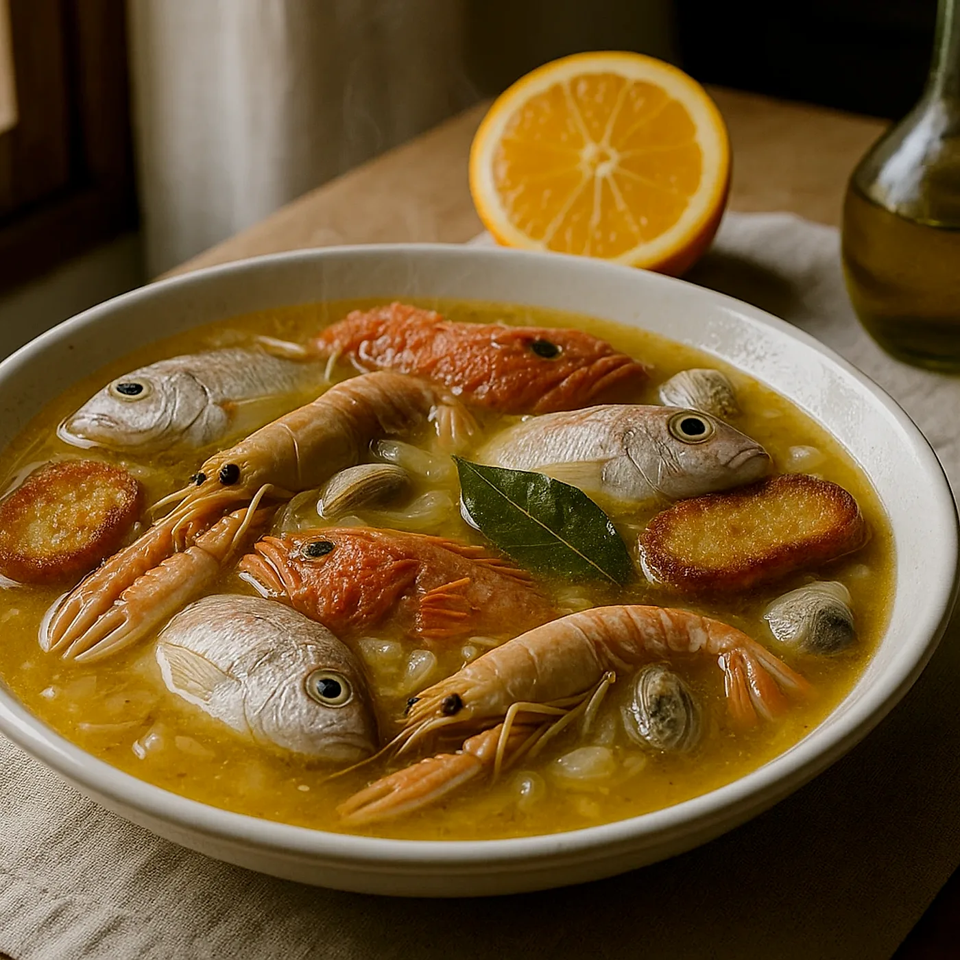 Caldillo isleño de variado para caldo, con naranja agria y pan frito