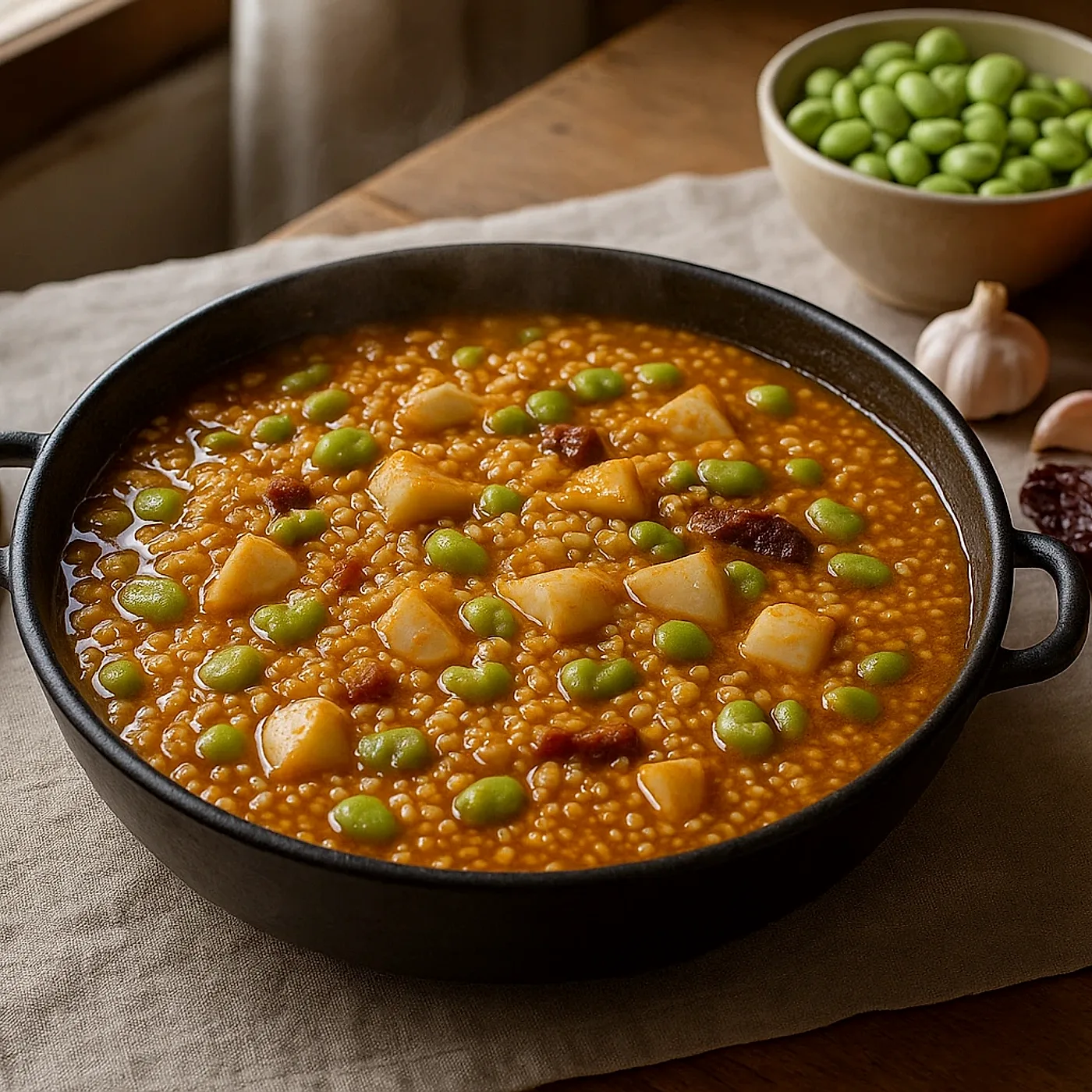 Arroz con habas y chocos de Huelva, de los de cazuela ancha