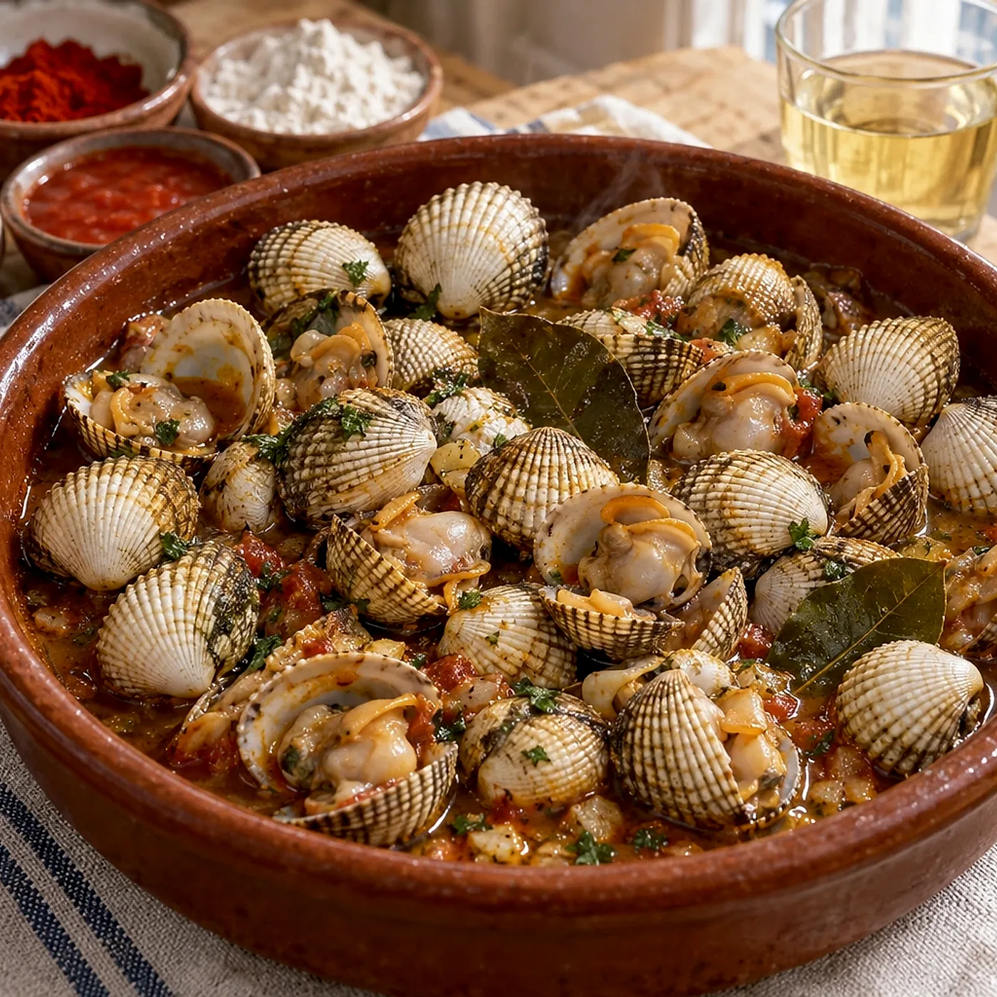 Berberechos de la ría a la marinera, con laurel y manzanilla